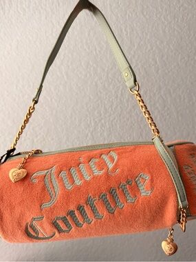 Juicy Couture Peach & Turquoise Terry  Barrel Shoulder Bag with mini bag charm